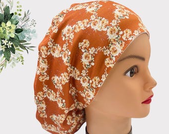 Floral Scrub Cap, Euro Style, Adjustable Toggle, Soft Stretchy Knit