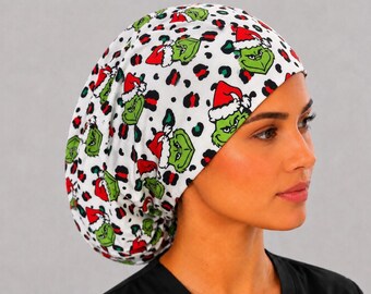 Grinch Christmas Euro Scrub Cap, Leopard Print Surgical Hat, Satin Lined (Women's)