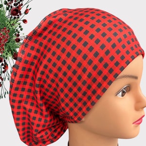 Red/black plaid Euro Scrub Cap for Women, Surgical cap Satin Lined, Scrub cap for women, Medical Scrub Cap, Christmas Scrub Cap