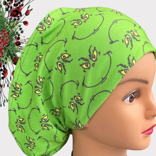 Grinch Euro Scrub Cap for Women, cap Satin Lined, Scrub cap for women, Dental Surgical Cap, Medical Scrub Cap, Christmas Scrub Cap