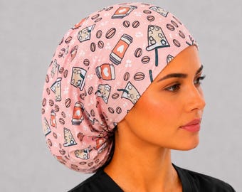 Coffee Euro Scrub Cap for Women, Satin Lined, Adjustable Toggle