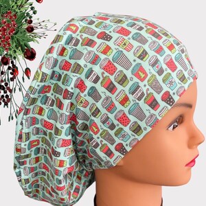 Christmas Coffee Euro Scrub Cap for Women, cap Satin Lined, Scrub cap for women, Dental Surgical Cap, Medical Scrub Cap, Christmas Scrub Cap