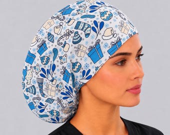 Holiday Euro Scrub Cap, Christmas Print, Satin Lined, Adjustable Toggle