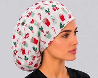 Christmas Drink Euro Scrub Cap, Women's Medical Hat, Adjustable Toggle