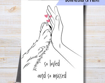 Printable Dog Sympathy Card, Red Hearts and Dog Paw, Pet Loss Support Card, Dog Memorial Card, Instant Download PDF