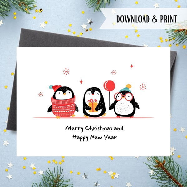 Merry Christmas Printable Card, Penguins Happy New Year Card, Holiday Card Template, Christmas Snowflakes, Instant Download PDF