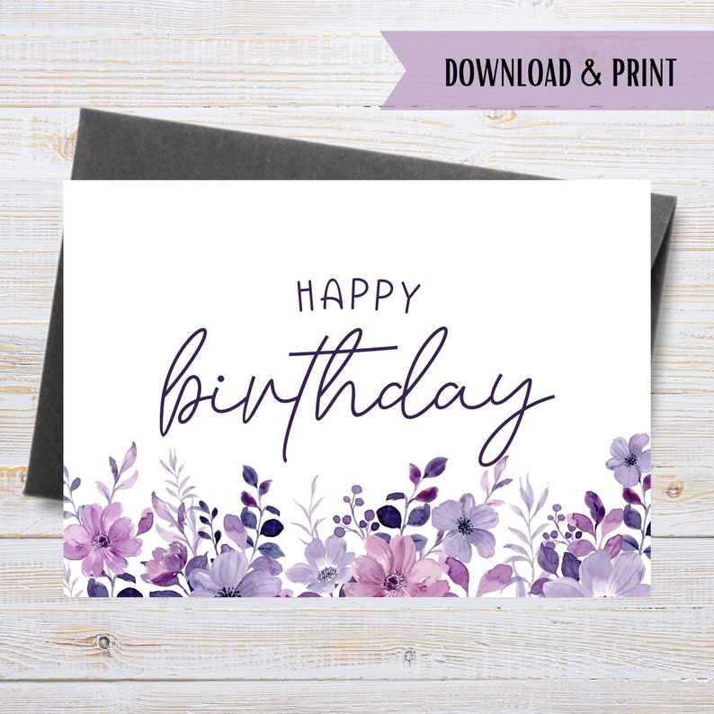 Printable Happy Birthday Flowers Card, Purple Floral Border, Birthday ...
