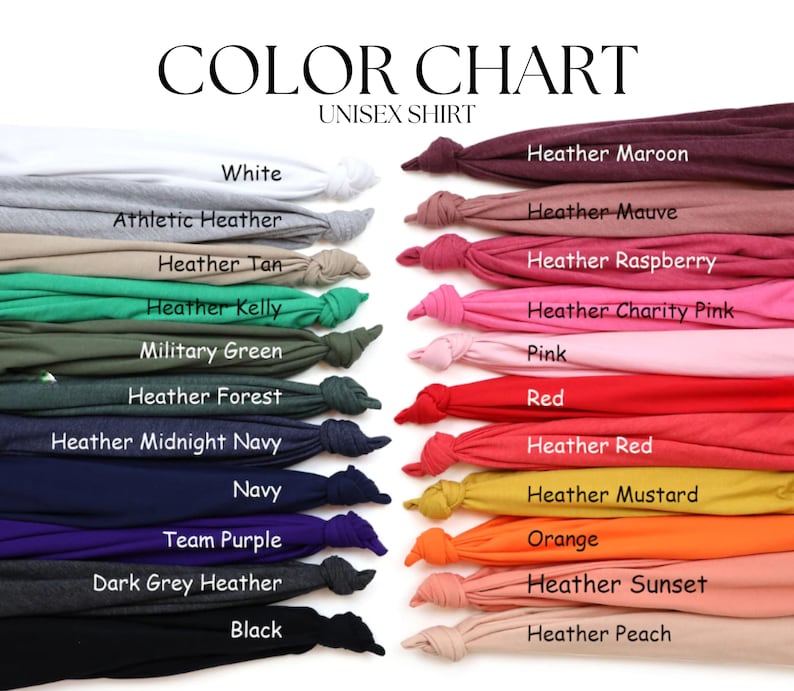 Puede incluir: Carta de colores para una camiseta unisex, que muestra una variedad de colores. La carta muestra muestras de tela dobladas en tonos como blanco, gris jaspeado, verde, azul marino y negro, junto con tonos vibrantes como rosa, rojo, naranja y melocot&oacute;n. Texto para cada color.