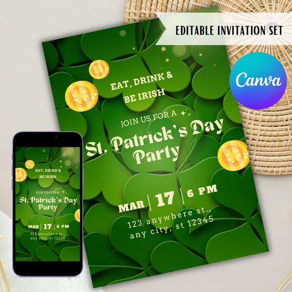 Editable St Patrick's Day Party Invitation, Canva Invitation Template, Mobile Invite, Eat Drink & Be Irish, St Paddy's Day Clover Card