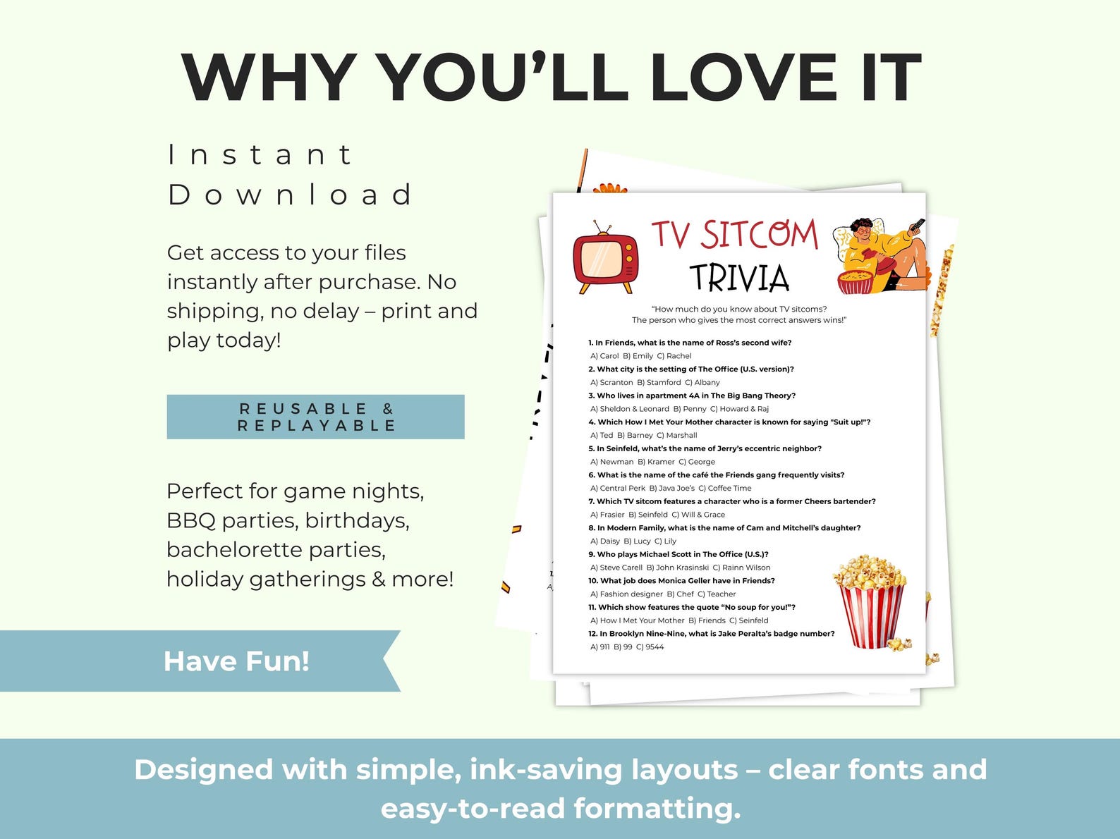 TV Sitcom Trivia Game: Printable Television Quiz for Kids & Adults ...