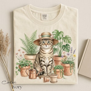 Cat And Plant Shirt, Gardening Cat Shirt, Cottagecore Animal Tee, Botanical Nature Shirt, Plant Mom Gift, Gift For Gardener