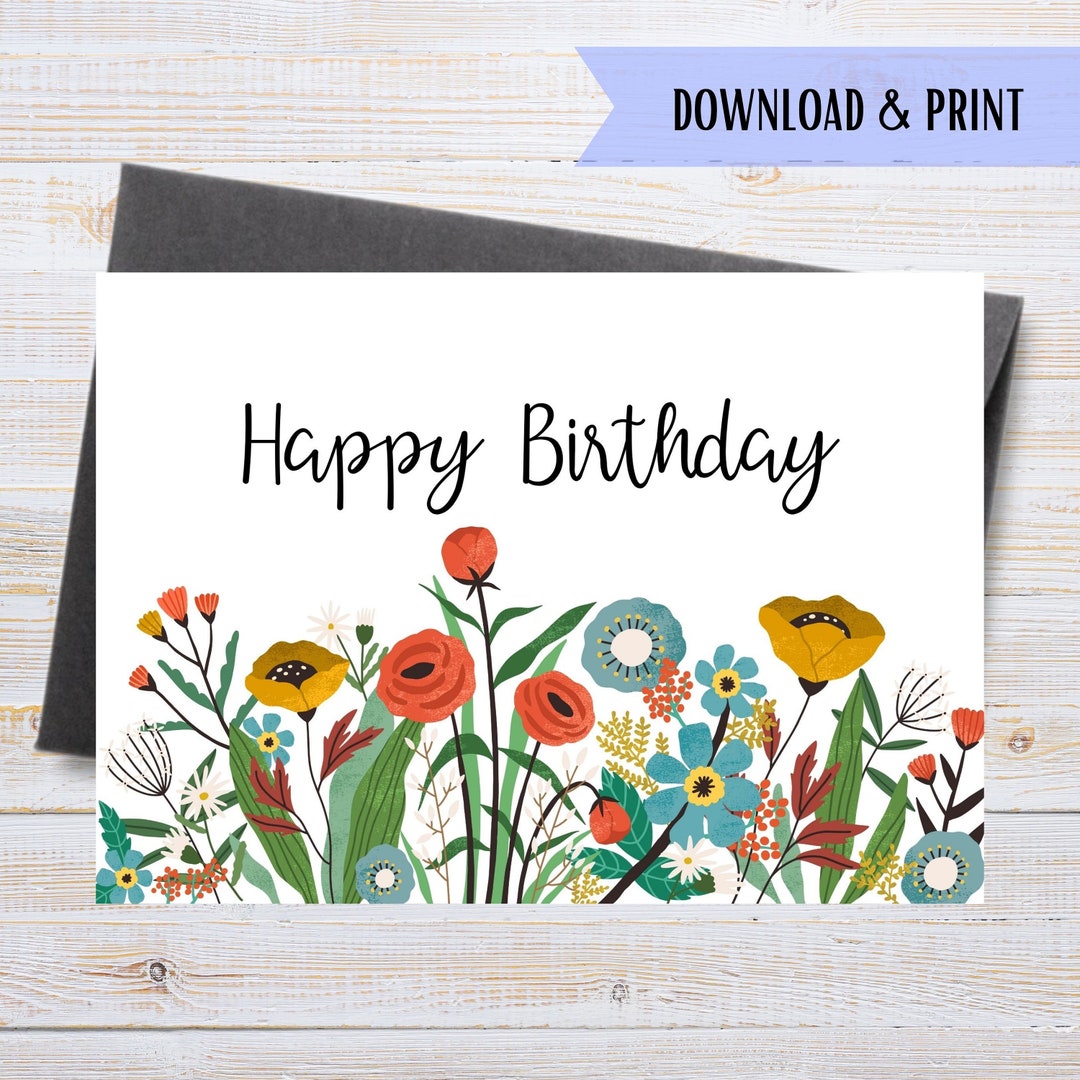Happy Birthday Card With Flowers Printable Birthday Card - Etsy