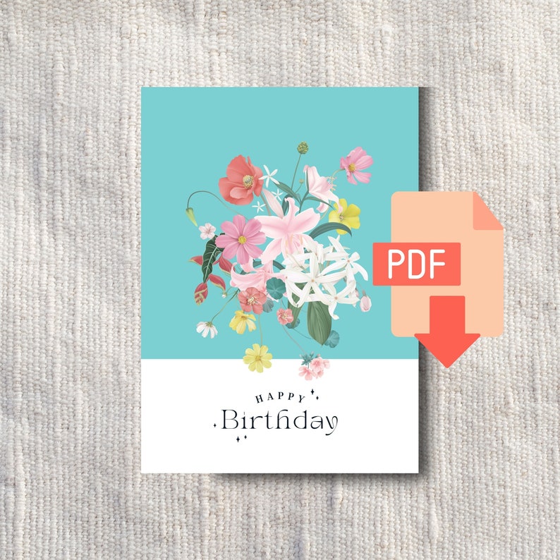 Floral Printable Birthday Card Happy Birthday Bouquet - Etsy