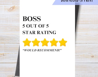 Happy Boss's Day Card, Printable Boss's Birthday Card, 5 Star Boss, Funny Gift for Boss, Instant Download PDF