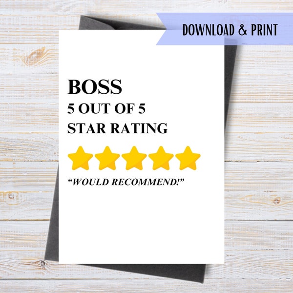 Happy Boss's Day Card, Printable Boss's Birthday Card, 5 Star Boss, Funny Gift for Boss, Instant Download PDF