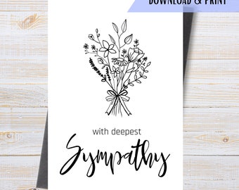 With Sympathy Printable Card, Mourning Card Template, Flower Bouquet, Condolences Card, Thinking of You, Instant Download PDF