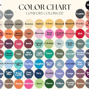 Puede incluir: Una carta de colores titulada "COLOR CHART COMFORT COLORS 1717" muestra una variedad de muestras de color. Los colores incluyen "White", "Black", "Gray", "Granite", "Ivory", "Sandstone", "Khaki", "Banana", "Butter", "Citrus", "Mustard", "Monarch", "Peachy", "Neon Red Orange", y muchos m&aacute;s.
