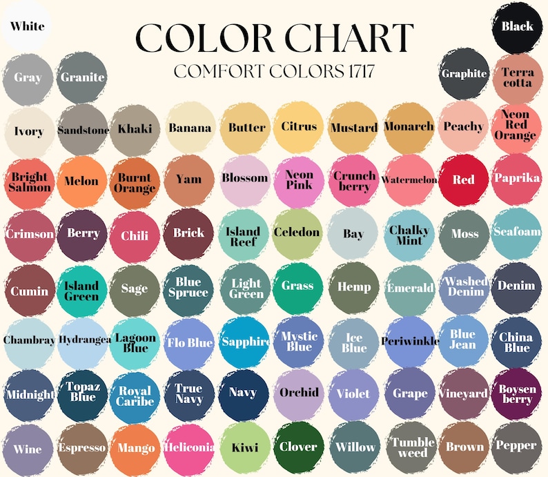 Puede incluir: Una carta de colores titulada "COLOR CHART COMFORT COLORS 1717" muestra una variedad de muestras de color. Los colores incluyen "White", "Black", "Gray", "Granite", "Ivory", "Sandstone", "Khaki", "Banana", "Butter", "Citrus", "Mustard", "Monarch", "Peachy", "Neon Red Orange", y muchos m&aacute;s.