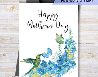 Mother's Day Greeting Card, Watercolour Flowers and Hummingbird, Printable Happy Mother's Day, Card for Mum, Grandmother, Nana