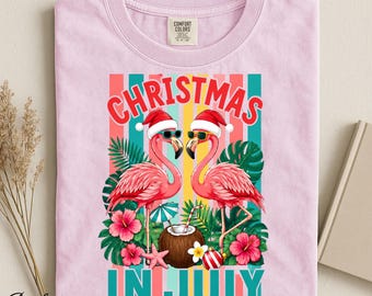 Christmas In July Flamingo Shirt, Tropical Beach Christmas Tee, Summer Holiday Gift, Comfort Colors®
