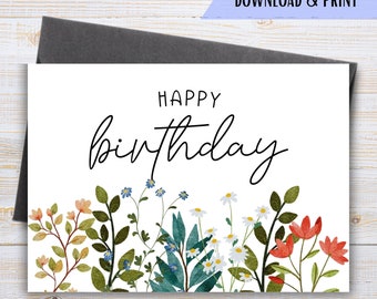 Printable Birthday Card with Flowers, Watercolor Floral Birthday Card, Greeting Cards, Print at Home, Instant Download PDF