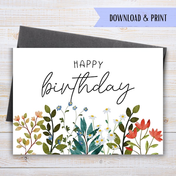 Printable Birthday Card with Flowers, Watercolor Floral Birthday Card, Greeting Cards, Print at Home, Instant Download PDF