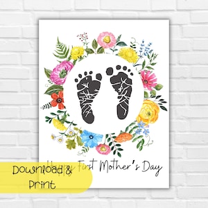 Arte com pegadas para o 1º Dia das Mães, primeiro presente de Dia das Mães de um bebê, artesanato com pegadas para bebês, presente faça você mesmo para recém-nascidos, presente para imprimir para novas mamães