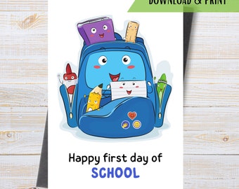 Happy First Day of School Card, Printable Back to School Card, Student Greetings, Blue School Bag Card, Instant Download PDF