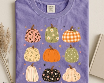 Fall Pumpkin Pattern T-Shirt, Cottagecore Autumn Sweatshirt, Cozy Thanksgiving Gift for Women