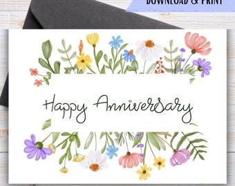 Biglietto di buon anniversario con fiori, biglietto d'auguri stampabile per l'anniversario, anniversario di matrimonio floreale, PDF con download istantaneo