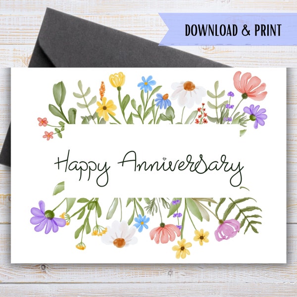 Happy Anniversary Card with Flowers, Printable Anniversary Greeting Card, Floral Wedding Anniversary, Instant Download PDF