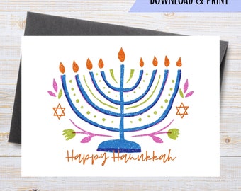 Happy Hanukkah Printable Card, Hanukkah Sameach Card, Candlestick Card, Star of David, Hanukkah Greetings, Instant Download PDF