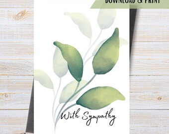 With Sympathy Printable Card, Greenery Condolences Card, Comforting Card, Sending Prayers, Instant Download PDF