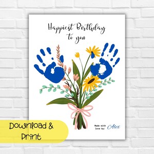 Arte con huellas de manos y flores para cumpleaños, deseos de feliz cumpleaños, ramo de huellas de manos para hacer tú mismo, actividades de manualidades de cumpleaños, regalo de los niños para la abuela y la mamá