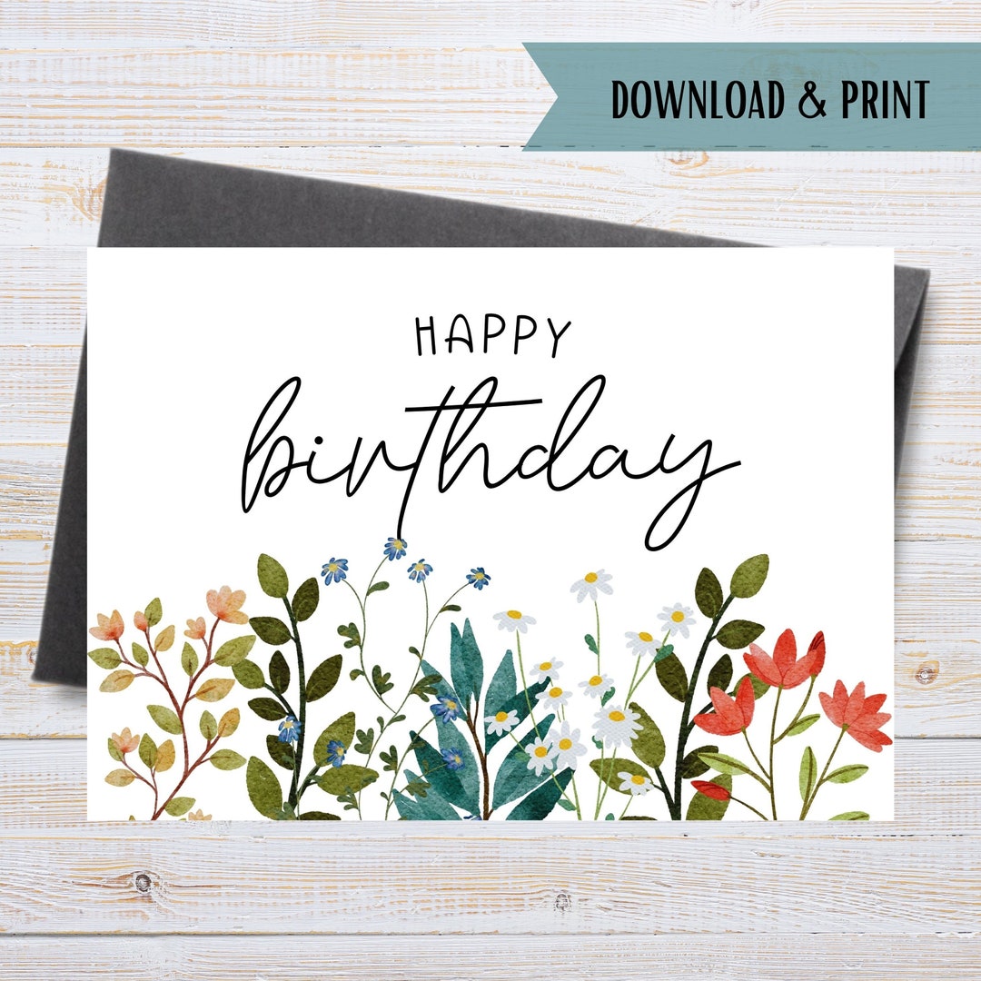 Printable Birthday Card With Flowers, Watercolor Floral Birthday Card ...