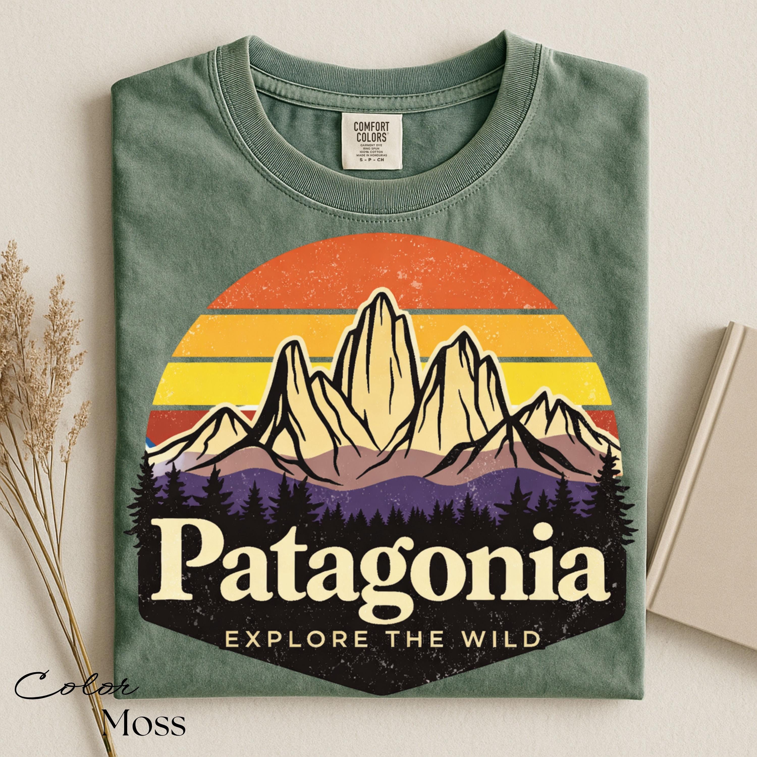 Retro Patagonia Shirt, Sunset Mountain Tee, Vintage Stripes