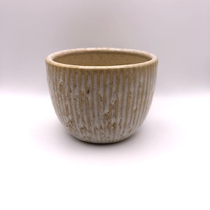 Op de afbeelding: Een witte keramische plantenpot met een getextureerd, geribbeld oppervlak. De pot heeft een afgeronde vorm en een lichtbruine glazuur.