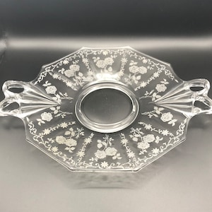 Fostoria “Midnight Rose” Handled Cake plate. Delicate and refined design will impress at any occasion. Coordinates with most any decor style