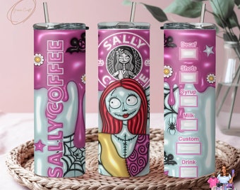 Vaso de acero inoxidable 3D Sally Skellington con paja, vaso sally, vaso Noche Antes de Navidad.