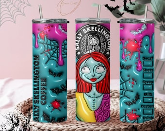 Vaso de acero inoxidable 3D Sally Skellington con pajita, vaso de Halloween, vaso de sally, vaso de la noche antes de Navidad, vaso espeluznante.