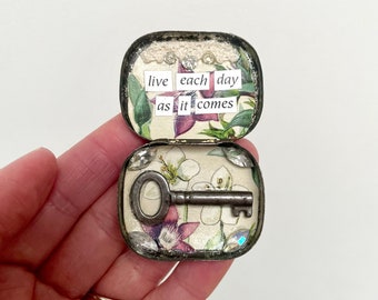 Positive words diorama, live each day as it comes, altered tin art, 21st birthday gift, miniature art, assemblage