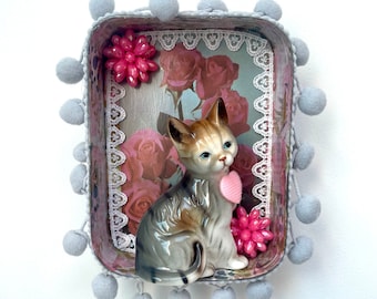 Kitsch kitty wall art, altered tin, cat assemblage, vintage tin, pink, roses, found object,