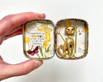 Cat tin diorama, altered tin, miniature assemblage, kitty art, happiness gift, pocket treasure