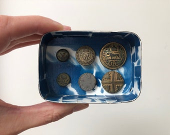 Found object art, collection of historic buttons, unique wall hanging, cyanotype, mixed media, altered tin