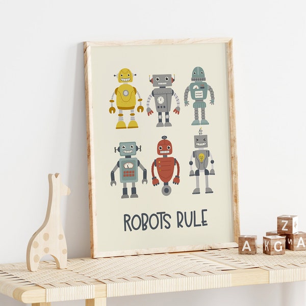 Robots Printable Art, Robots Digital Print, Nursery Print Art Poster , Baby Boy Room Decor, Playroom Wall Decor, Toddler nursery art