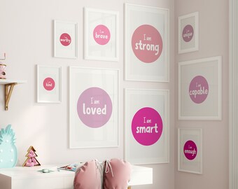 Pink Positive Affirmations Print Set, Girls Bedroom Wall Art, Pastel Rainbow, Kids Room Decor, Nursery Wall Art, I am Playroom Decor