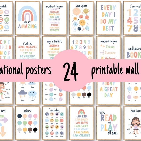 Set di 24 poster educativi stampabili per la scuola domestica, poster dell'alfabeto, stampe per la sala giochi, decorazioni per l'aula Montessori, poster per l'apprendimento educativo