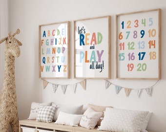Set of 3 Playroom Printable wall art | Playroom Decor, Playroom Prints, Let's Play All Day, Let's Read, Nursery Wall Art, ABC Poster