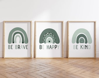 Be Kind Rainbow Set of 3 Playroom Printable wall art | Classroom Poster,  Kids Room Nursery Decor, Typography Poster, Green color, Kids Room