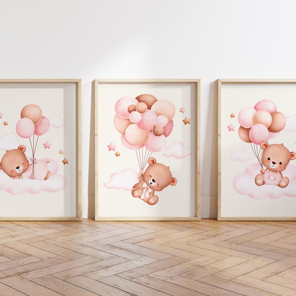 3er Set Teddy Bär Druck,Bär Kinderzimmer Dekor,Kinderzimmer Wand Dekor,Baby Mädchen Druck,neues Baby druckbar,Rosa Kinderzimmer Poster,Neutral Kinderzimmer Druck